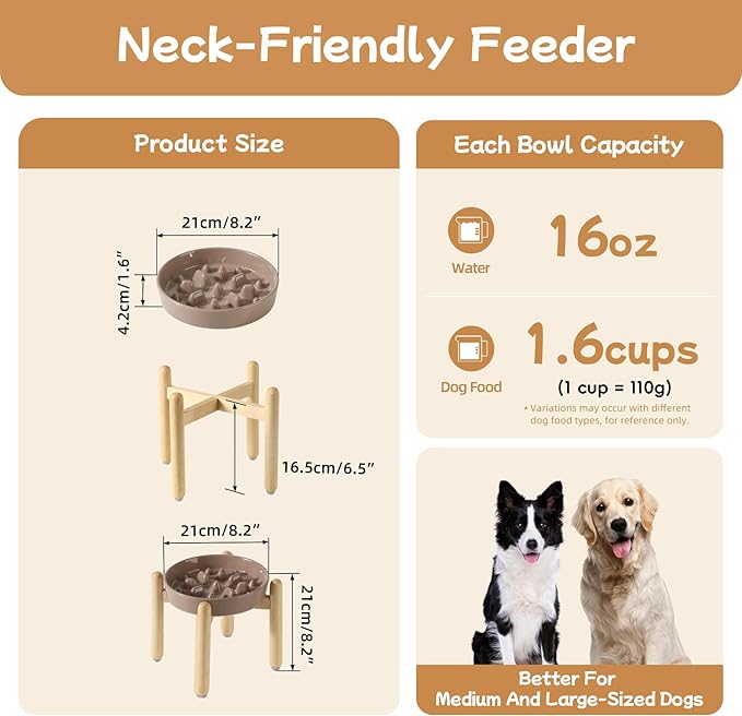 Ceramic 1.6 Cup Dog Raised Slow Feeder Set, Elevated Bowl with Wooden Stand for Medium and Large Dog, 8.2inch Slow Feeder Dish for Fast Easters, Anti-Gulping(Brown Coffee, Single Bowl+ Stand)