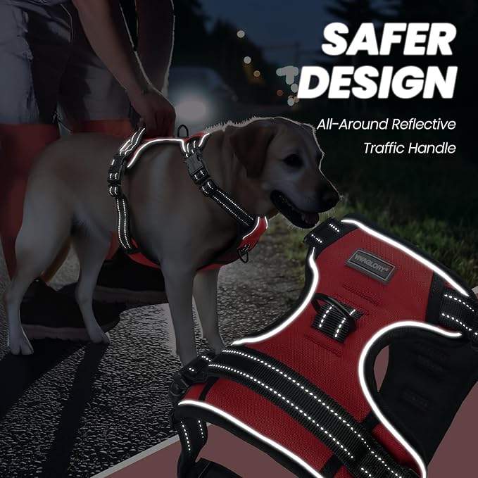 VIVAGLORY Dog Harness Easewalk No Pull Dog Harness with Handle Front Clip & Back Clip for Training Walking Lifting, No Pull Adjustable Easy On Padded Comfortable for Pet, M, Red - Plain