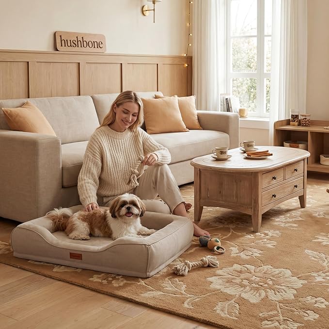 28 Inch Orthopedic Dog Couch Bed for Medium Dogs Up to 30 lbs,Cooling Gel Memory Foam + Egg Crate Foam,Waterproof Removable Washable Cover,4-Sided Bolster,Non-Slip Bottom,Beige
