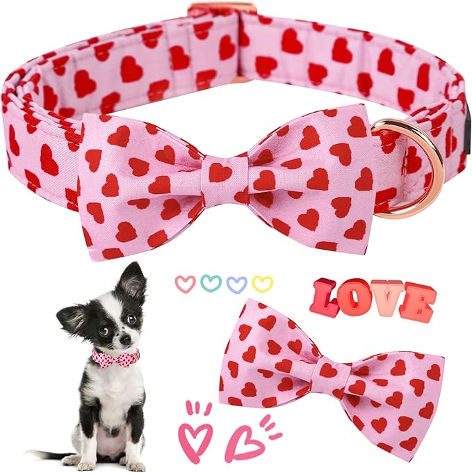 ARING PET Valentine's Day Dog Collar with Bow, Cute Adjustable Pink Heart Bowtie Pet Collars with Metal Buckle for Puppy Small Medium Large Boy Girl Dogs-XS