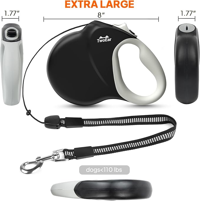 Twoear 30FT Retractable Dog Leash for Medium & Large Dogs up to 110 LBS - Heavy Duty Tangle-Free Long Leash with One-Hand Brake, Anti-Slip Handle & Smooth Retraction - Black