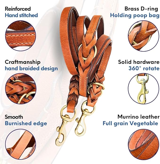 8 FT Multi-Function Leather Dog Leash, Genuine Leather Hands-Free Training Lead for Small Medium Large Dogs, Adjustable Long Leash for Walking, Hiking, Obedience Control (Tan, 8 Ft)