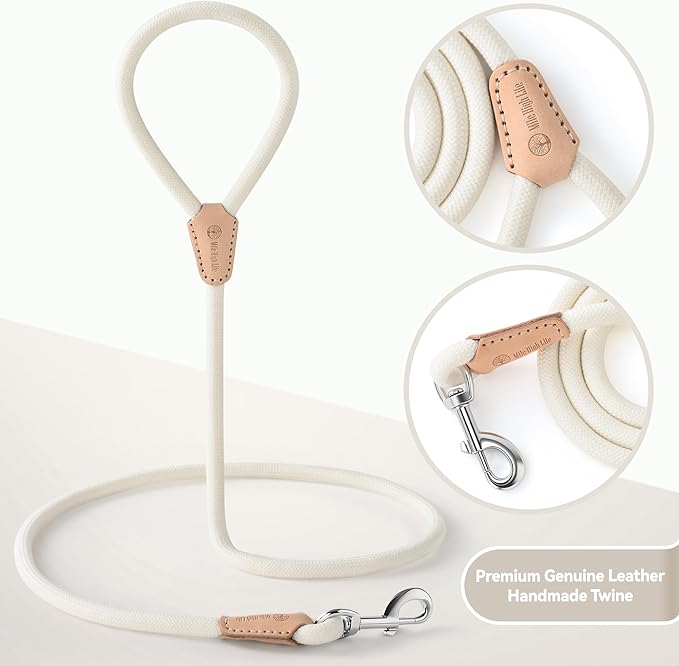 Mile High Life Dog Leash, Rope Leash with Genuine Leather Connection and Heavy Duty Metal Clasp, Great for Small Medium Large Dogs(Cream White,60 Inch)