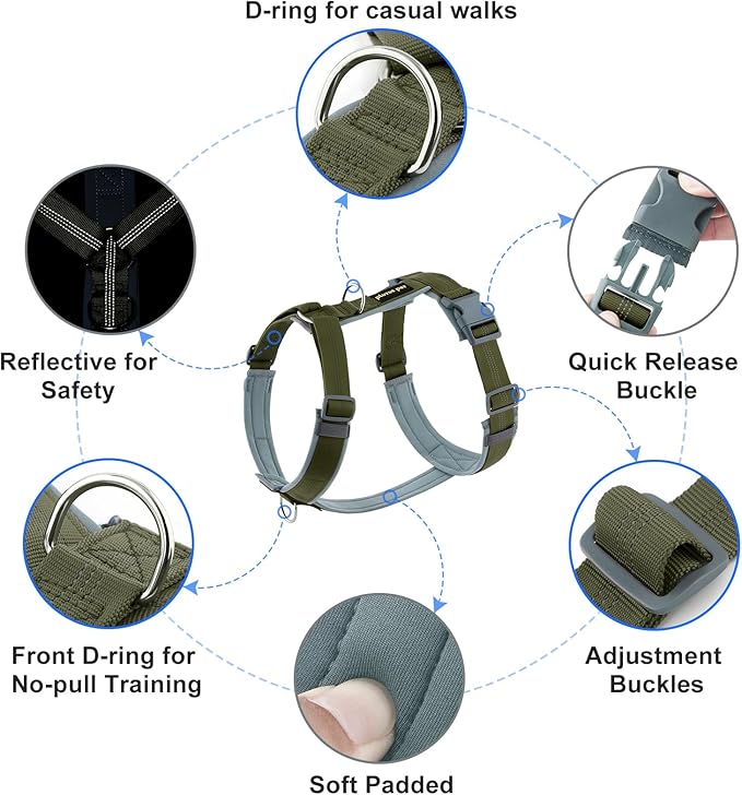 Plutus Pet No Pull Dog Harness, Adjustable Nylon Harness with Soft Padding, Reflective and Heavy Duty Dog Harness for Small, Medium, Large Dogs(Ranger Green, L)