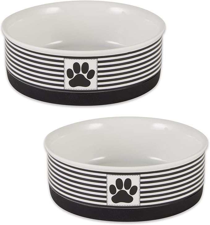 Bone Dry Ceramic Stripe Paw Pet Bowls Collection, Dishwasher Safe, Medium, 6x2, Black 2 Count