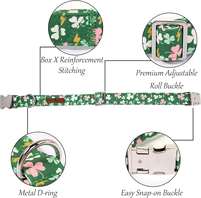 Lionet Paws St. Patrick Dog Collars with Bow tie,Cute Pink Clover Green Dog Collar Bow Tie for X-Large Dogs Female, Neck 16-26 inches