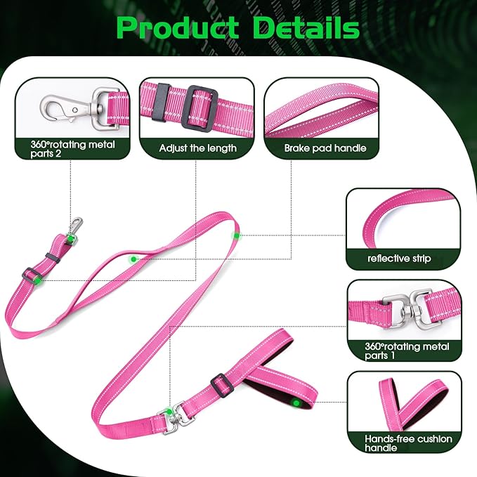 Hands-Free Dog Leash, Heavy Duty No-Pull Training Lead w/Anti-Tangle, Double Padded Traffic Handles Adjustable 5.5-6.2FT & Reflective Thread for Medium Large Dogs for Running/Walking Pink