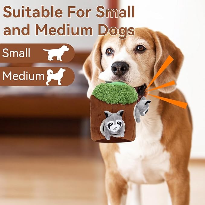 Cyrank Hide and Seek Dog Toy, Raccoon Tree House Dog Puzzle Toys Squeaky Plush Dog Game Toys Funny Dog Toy for Puppy and Small Dog