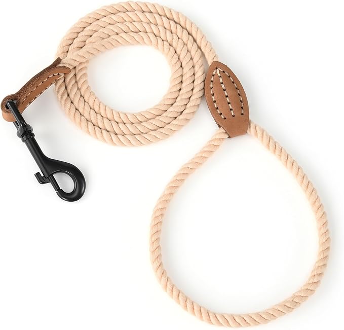 Mile High Life Dog Leash, Braided Cotton Rope Leashes with Leather Tip - Heavy Duty Metal Clasp, 4FT, 1/3" Thick - Wedding, Walking Leash for Small Medium Dogs(Light Brown)