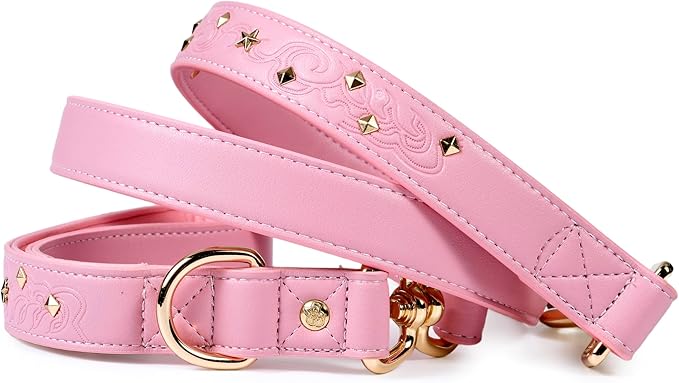 Blueberry Pet Premium Embossed Pink Glam Microfiber Leather Dog Leash with Gold Studs