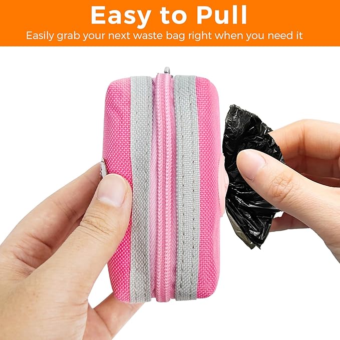 Dog Poop Bag Holder Zippered Pouch, Portable Dog Poop Bag Dispenser with 1 Metal Clip, Fashion Color Matching Canvas Waste Bag Holder for Leashes - Pink