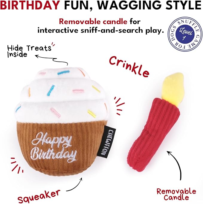 CHEWFFON Dog Birthday Cake Toy, Interactive Squeak & Crinkle Toys for Celebration Gifts, Puppy Cupcake Toy for Boredom, Snuffle Puzzle Toys for Medium and Small Dogs