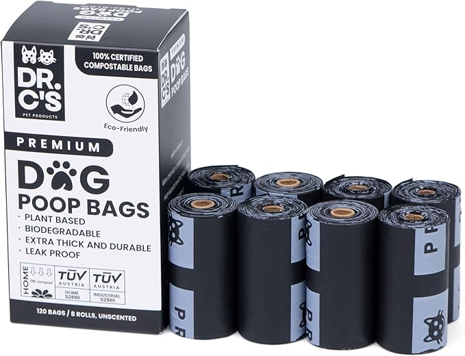 100% Certified Compostable Dog Poop Bags - Dr. C's Premium Dog Poop Bags - 120 Bags / 8 Rolls, Extra thick, Leak Proof, Unscented, Plant Based, Earth Friendly and USA Owned