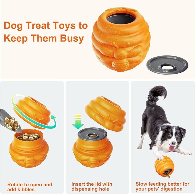 3 in 1 Durable Dog Toys for Aggressive Chewers 2 Pack, Dog Treat Dispenser and Enrichment Toys in Honey Pot Shape, Boredom Killing and Mental Stimulation Toys for Dogs to Keep Them Busy