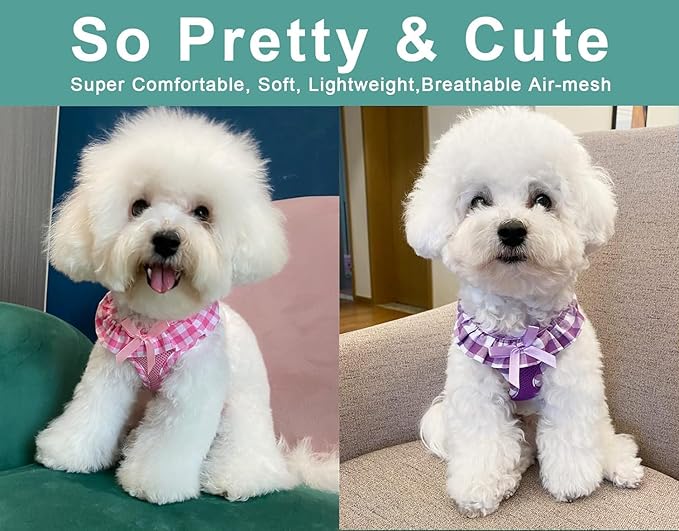 SuperBuddy Upgraded Soft Mesh Dog Harness, Super Breathable Lightweight Pet Harnesses for Puppy Dogs Outdoor Walking, Pink and Purple Dog Harness Set Packing-Small