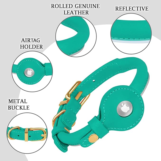 OOPSDOGGY Rolled Leather Dog Collar with Airtag Holder - Reflective Round Airtag Dog Collar - Soft Tracking Pet Collar for Small Dogs Puppy Cats Kitten (Teal, XXL, 20"-24")