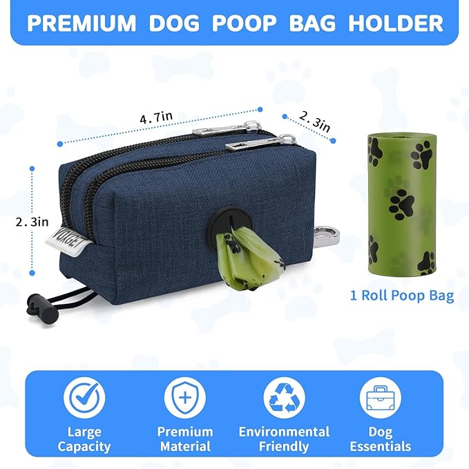 Dog Poop Bag Holder for Leashes, Puppy Treat Pounch Carrier with 2 Zipper Pockets and Clip for Pets Training, Dog Waste Bag Dispenser with 1 Roll Poop Bags for Walking Accessories (Navy Blue)