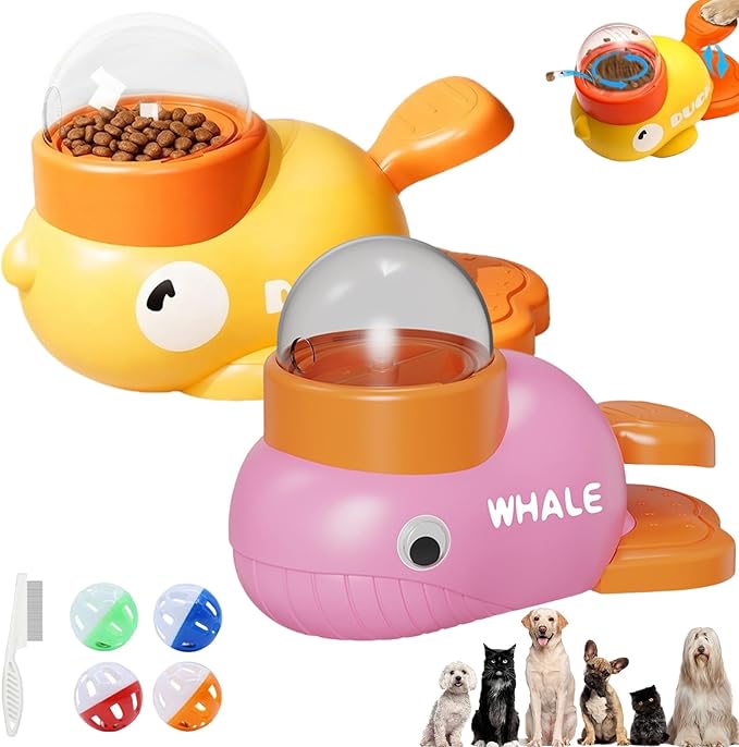 2026 New Dog Interactive Treat Dispenser Toy, Treat Dispensing Dog Toys, Cat Treat Dispenser, Promotes IQ Training and Entertainment Reduces Bloating Anti-Gulping Small Animal Bowls (Yellow+Pink)