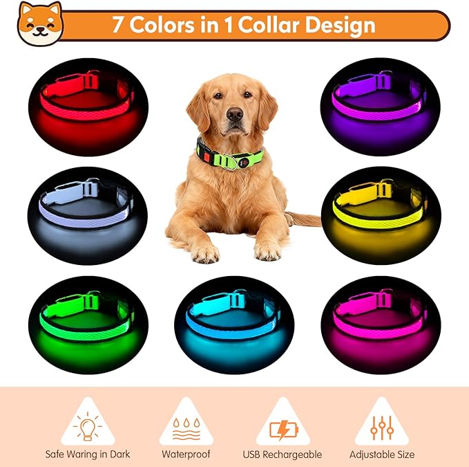 LED Dog Collar, Light Up Dog Collar USB Rechargeable, Nylon Adjustable Comfortable Soft Bright RGB 7 Colors Changing Safety Light Glowing Collar for Medium and Large Dogs(Medium,Green)