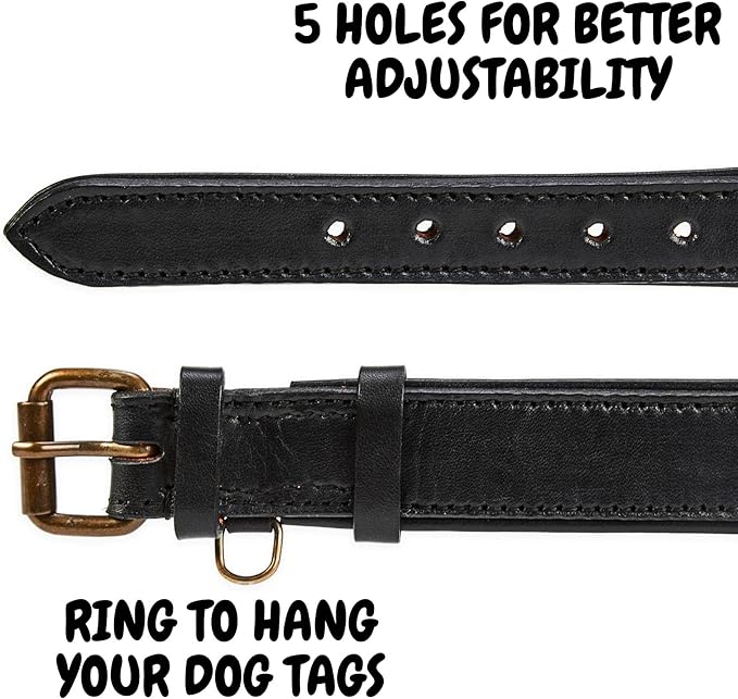 Real Leather Dog Collar Padded Soft Interiors with Premium Vintage Look Handcrafted Heavy Duty with Tag Ring for Small Medium and Large Pets (Medium (1.25" Wide for 13.5" - 17.5" Neck), Black)