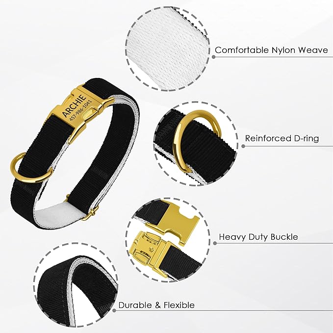 Personalized Dog Collar with Gold Metal Buckle, Velvet Custom Dog Collars for Small, Medium & Large Dogs – Puppy Collars with Metal Buckle, 4 Sizes, 8 Colors (Black, L, 15"-19")
