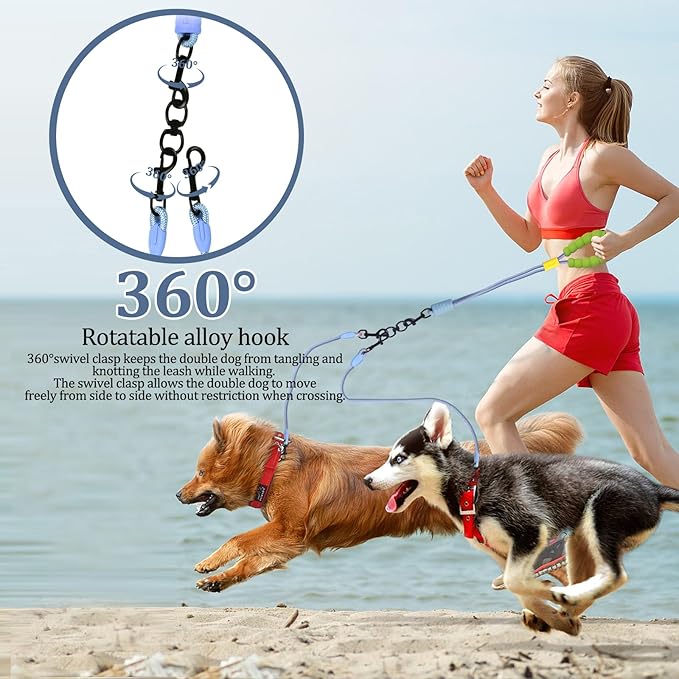 Double Dog Leash No Tangle, Adjustable Split Leads Dual Pet Walking Leash with Comfortable Padded Handle for Two Dogs, Hands - Free Dual Leashes for Small/Medium Pets (Blue, Double Leashes)