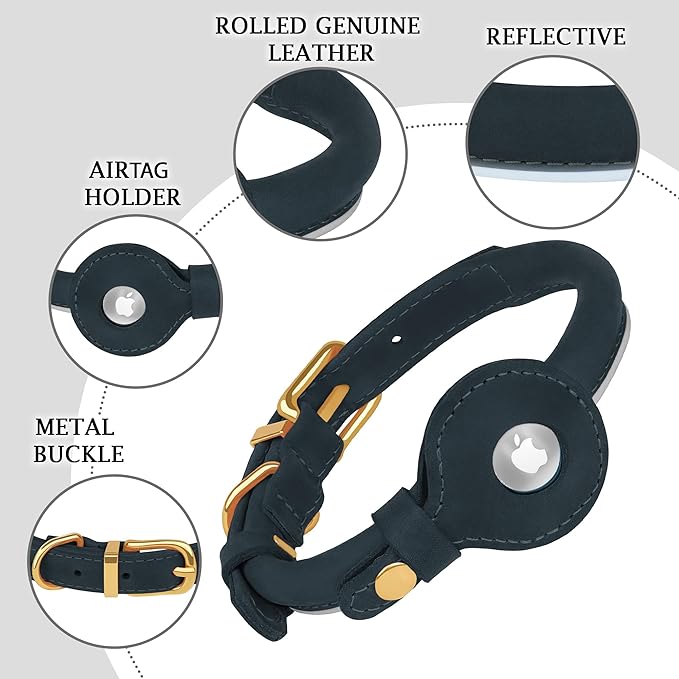 OOPSDOGGY Rolled Leather Dog Collar with Airtag Holder - Reflective Round Airtag Dog Collar - Soft Tracking Pet Collar for Small Dogs Puppy Cats Kitten (Denim, XXL, 20"-24")