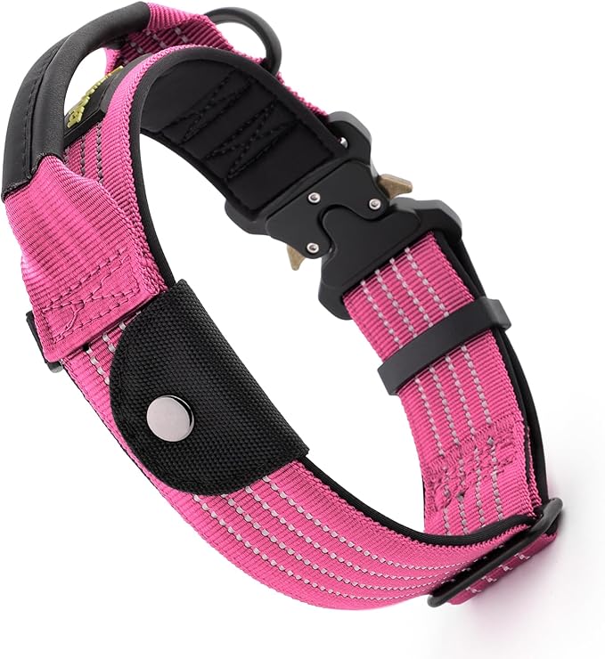 Plutus Pet Tactical Dog Collar with Tracker Pocket for AirTag, Adjustable Reflective Nylon Collar, Metal Buckle, Leather-Wrapped Handle, Soft Padded for Medium Large Dogs (Pink, L)