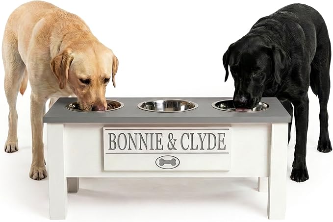 GTW Personalized Elevated Triple Dog Bowl Stand for Large, Medium, Small, X-Small Dogs - 3 Stainless Steel Food and Water Bowls - Raised Dog Dish with Internal Storage (Large, Grey)