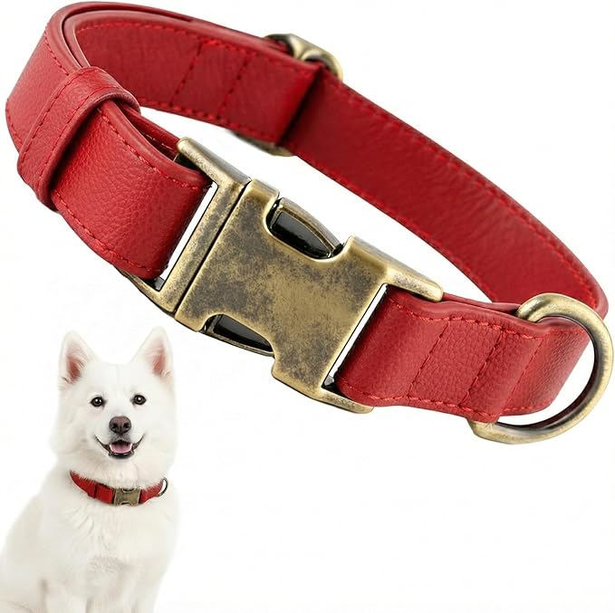 Dog Collars for Small Dogs Silicone Leather Dog Collars Soft Flexible Waterproof Odor-Proof Durable Thick Classic Adjustable Pet Puppy Collar (Red, Medium (11.5-18.5" Neck))