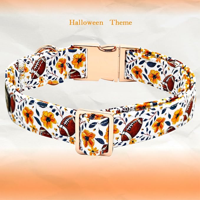 Elegant little tail Fall Dog Collar, Orange Floral with Rugby Print Pet Collars with Bow Puppy Collar Female or Male Cotton Adjustable Collars for Small Medium Large Dogs