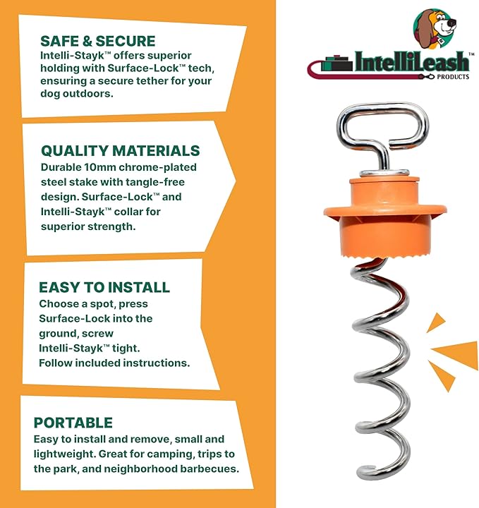 IntelliLeash Intelli-Stayk: Tailored for Soft Soils – Specialized Tie Out Stake for Dogs