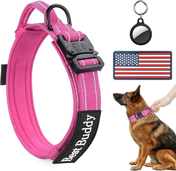 AUBELL Reflective Tactical Dog Collar,Adjustable Military Heavy Duty K9 Collars with Handle and Quick Release Metal Buckle Great for Medium Dogs, with Airtag Case and 2 Patches (Pink,M)