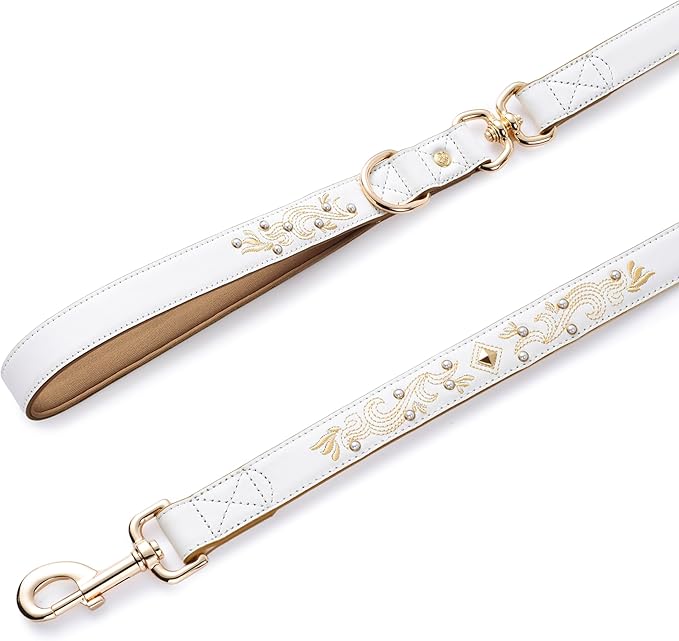 Blueberry Pet Elegant Western Luxury White Leather Dog Leash with Gold Baroque Design