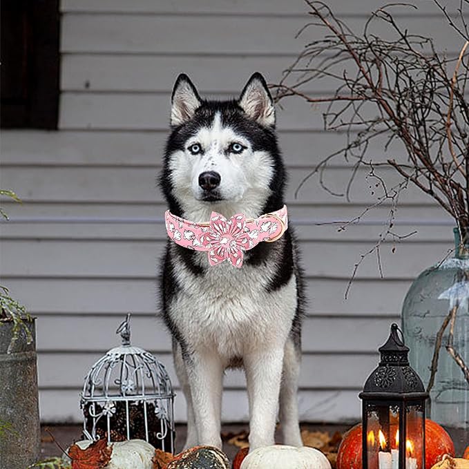Elegant little tail Halloween Dog Collar, Pink Ghosts Print Dog Collar with Flower Puppy Collar Flower Female Cotton Adjustable Collars for Small Medium Large Dogs