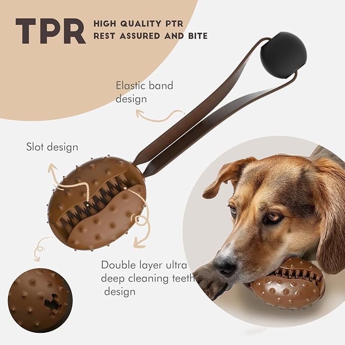 Interactive Dog Toys for Chewers, Teething Cleaning Toys for Dog, Mentally Stimulating Tug of War Training Toy, Puzzle Treat Food Dispensing Ball for Small Medium Large Dogs (Coffee Bean Shape)