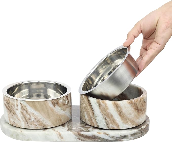 DBL1000C Marbre Small/Medium Modern Weighted Double Marble and Stainless Steel Bowl 12oz (1.5 Cups) Feeder with Non-Slip Marble Tray Set, Beige/Gray