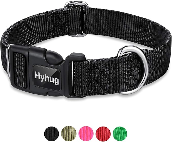 Hyhug Medium Dog Collar, Black:Heavy-Duty Quick-Release Nylon Buckle, Adjustable & Durable, Cute Dog Collar (Medium, Black)