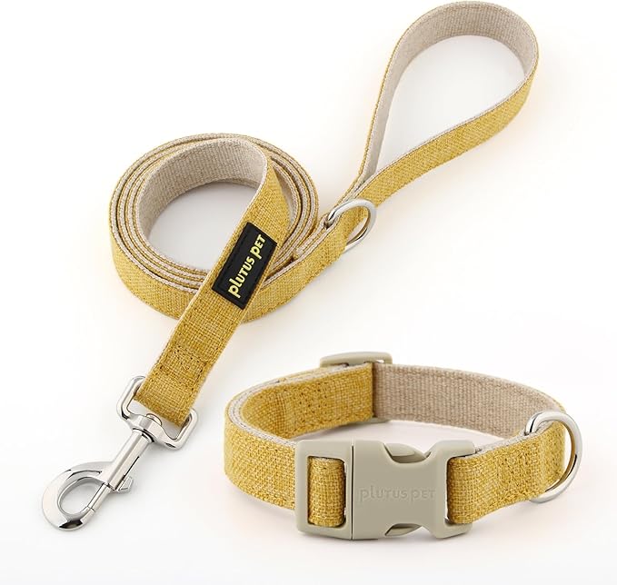 Plutus Pet Cotton Hemp Dog Collar and Leash Set, Adjustable Collar for Small, Medium, and Large Dogs, Heavy Duty and Soft on Skin, Yellow, S