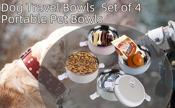 CHICIRIS Travel Dog Bowls, 4-tier portable stainless steel pet food container with handle, for dog and cat feeding, 24oz