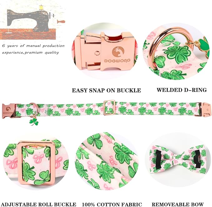 DOGWONG St. Patrick's Day Shamrock Dog Collar with Bow,Pink Green Four Leaf Clover Pattern Dog Collar, Adjustable Durable Soft Collars Irish Gift for Male Female Dogs,M
