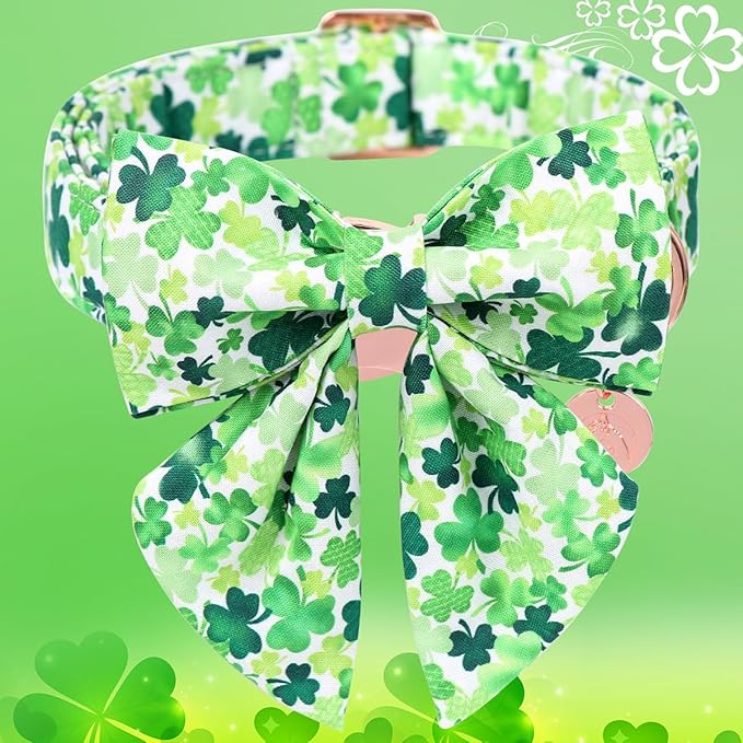 DOGWONG St. Patrick's Day Dog Collar-Cute Clovers Dog Collar with Bow, Cotton Trefoil Bowtie Dog Collars with Metal Buckle for Small Medium Large Dogs