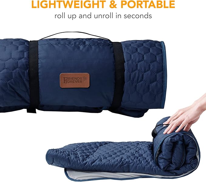 Friends Forever Large Travel Dog Bed Mat, Portable Pet Sleeping Pad with Carrying Strap, Couch Protector, Soft Quilted Cover Throw for Cold Weather, Machine Washable, 50" W x 60" L, GEO Navy/Grey