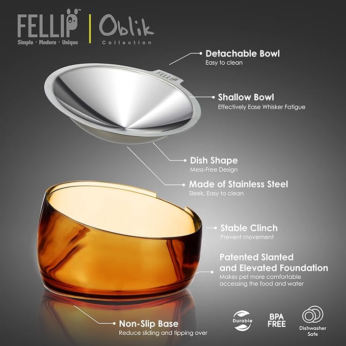 Felli Pet Oblik Whisker Fatigue Cat Food Bowl Raised Stainless Steel Shallow Dish, Pet Design Anti Vomit Tilted Metal Plate Feeder Elevated Acrylic Base for Treats Storage(Gold, 0.5 Cups Shallow Dish)