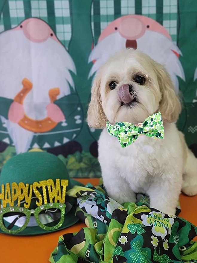 DOGWONG St. Patrick's Day Dog Collar-Cute Clovers Dog Collar with Bow, Cotton Trefoil Bowtie Dog Collars with Metal Buckle for Small Medium Large Dogs