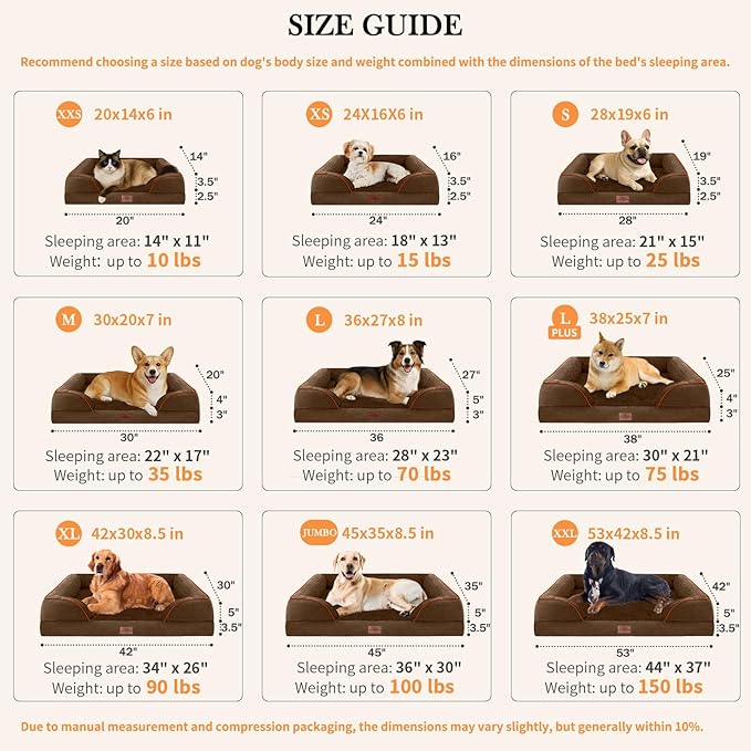 Comfort Expression Orthopedic Dog Bed for Extra Large Dogs 42x30 Inch, Waterproof Egg Crate Foam XL Pet Bed with Removable Bolsters, Dog Couch with Washable Cover & Non-Slip Bottom, Dark Brown