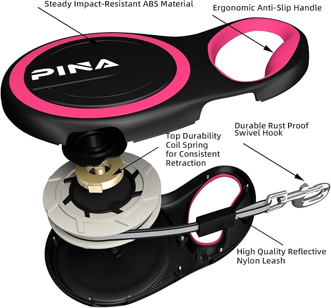 PINA Retractable Dog Leash, 26ft Dog Leash for Small Medium Large Dogs Up to 110lbs, 360° Tangle-Free Strong Reflective Nylon Tape, with Anti-Slip Handle, One-Handed Brake, Lock - Black Pink