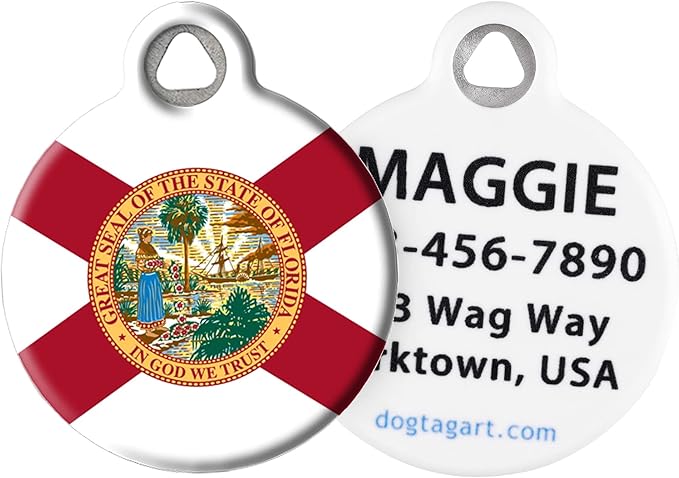 Dog Tag Art Flag of Florida Personalized Pet ID Tag for Dogs and Cats, Silent Polymer Coated Stainless Steel Floridian Nametag with Customized Identification Information - Large 1.25" Diameter