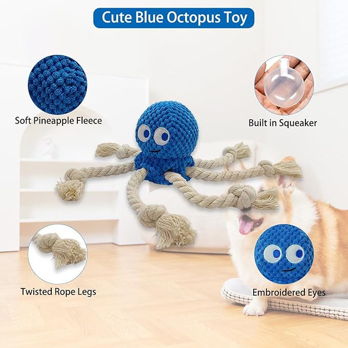 Cute Marine Animal Dog Squeaker Chew Toys, Interactive Stuffed Cotton Plush Rope Knot Toys with Crinkle Paper- for Puppy, Small, Middle Dogs (Blue Octopus)