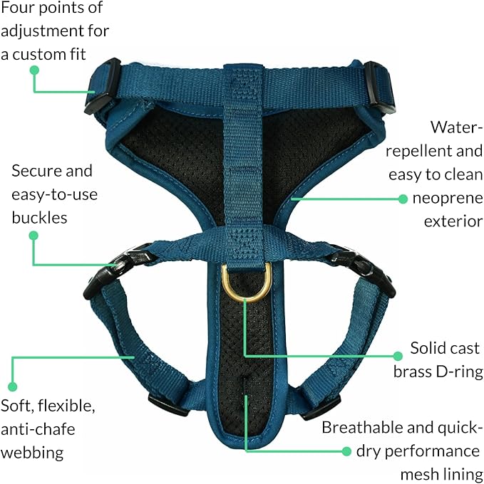 DJANGO Adventure Dog Harness - Stylish and Durable Large Dog Harness for Outdoor Adventures and Everyday Wear - Indigo Blue Neoprene Adjustable Harness for Dogs with Reflective Piping & Brass D-Ring